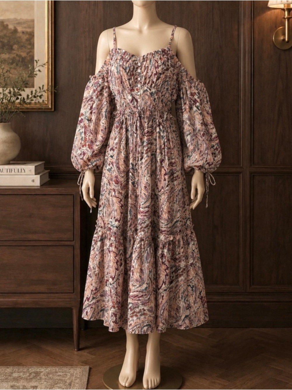 House of Harlow 1960 Pink Floral Sweatheart Cold-Shoulder Maxi Dress